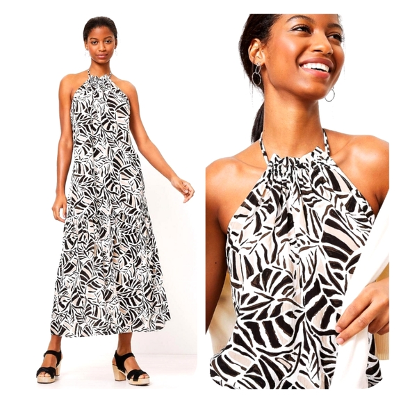 LOFT Beach Leafed Halter Ruffle Backless Maxi Dress Medium White Tan Brown - Picture 2 of 11